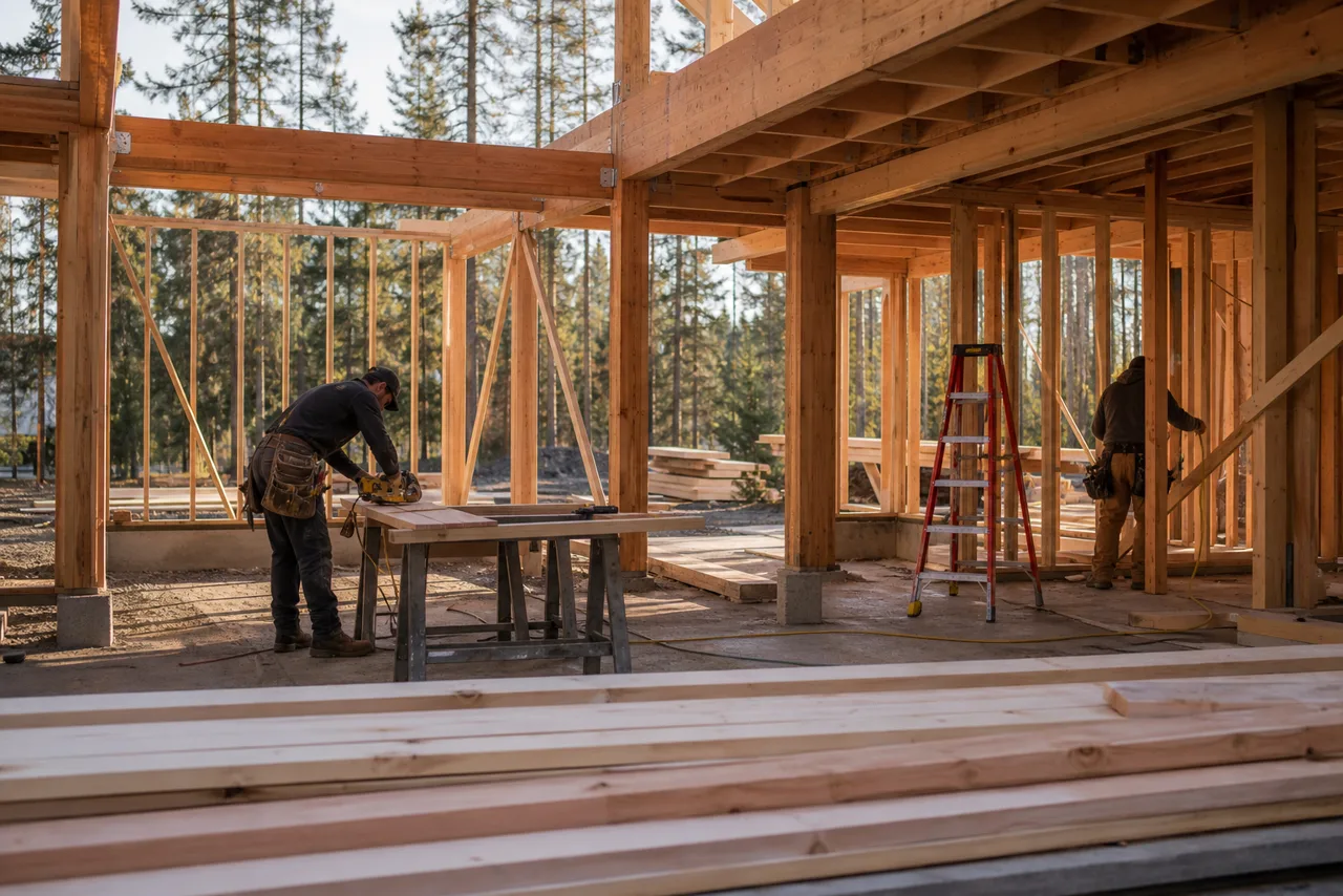 Crew framing a fictional custom-home jobsite