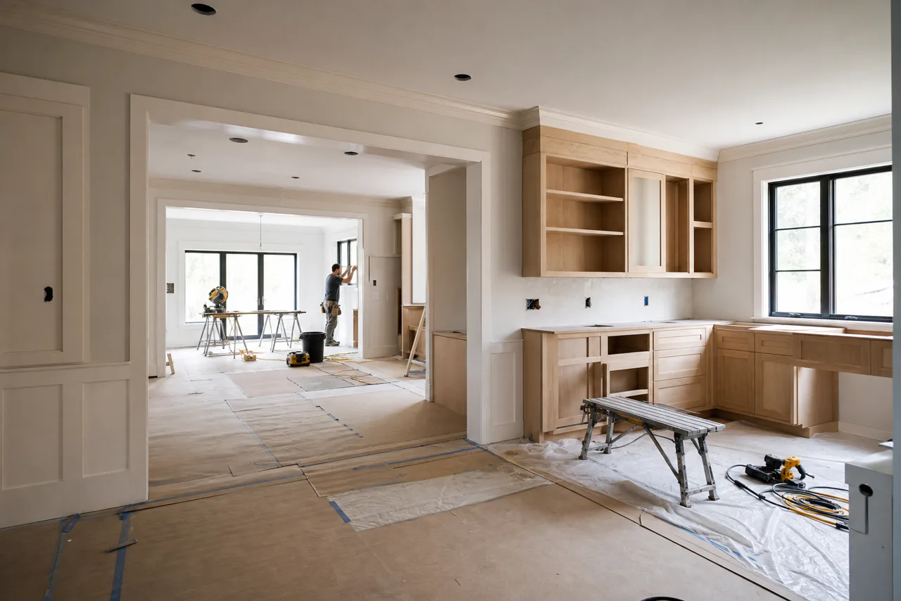 Interior finish work underway at a fictional custom-home jobsite